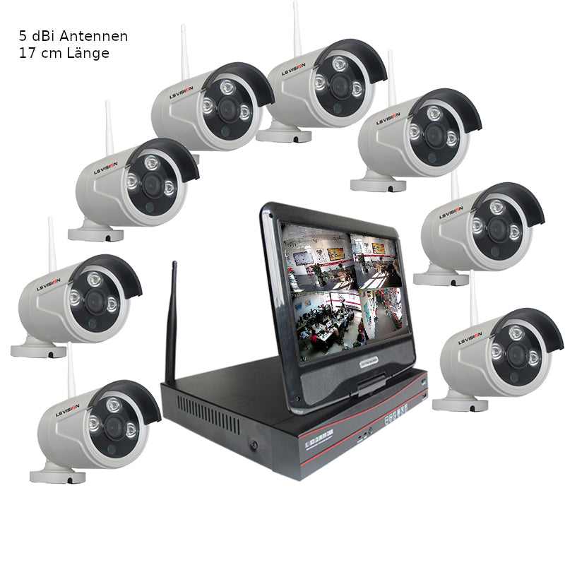 IP-Funkkamerasystem mit 8 Kameras, 10 Zoll Monitor