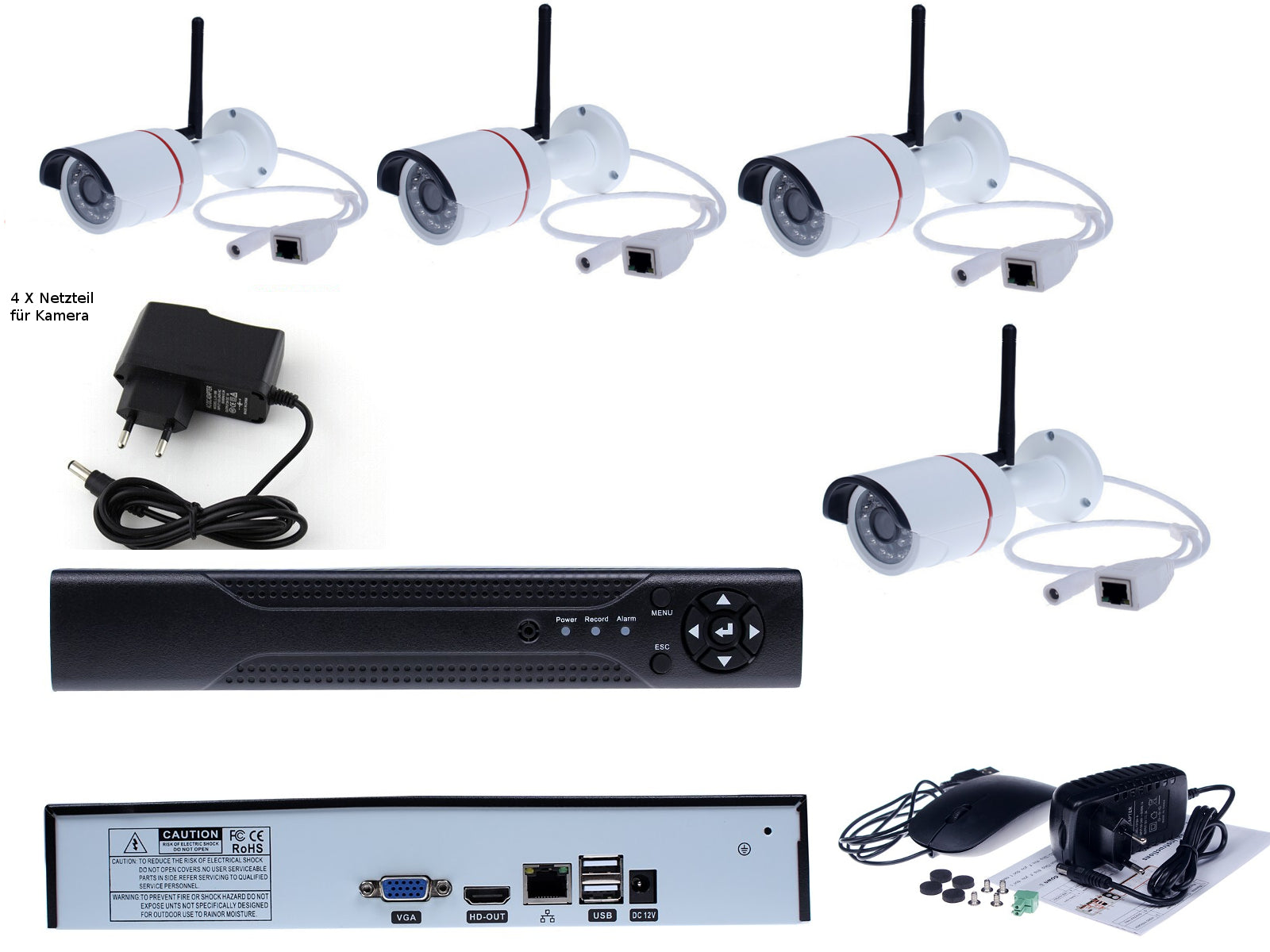 Kamerasystem CCTV drahtlos mit 4 HD Kameras (720p) und zentraler Steuereinheit
