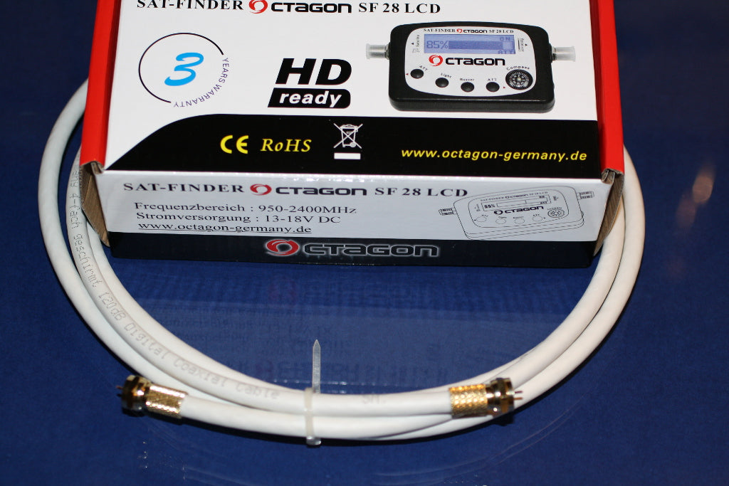 Octagon SF 28 LCD Sat-Finder mit 2 Meter 120 dB geschirmten Octagon Koaxialkabel mit Stecker fertig montiert